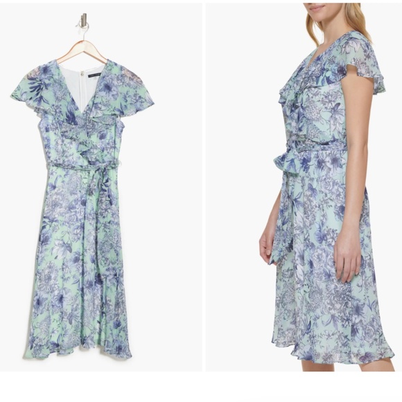 TOMMY HILFIGER Green Blue Floral Flutter Capelet Sleeve Midi Dress Size 18W - Picture 5 of 16